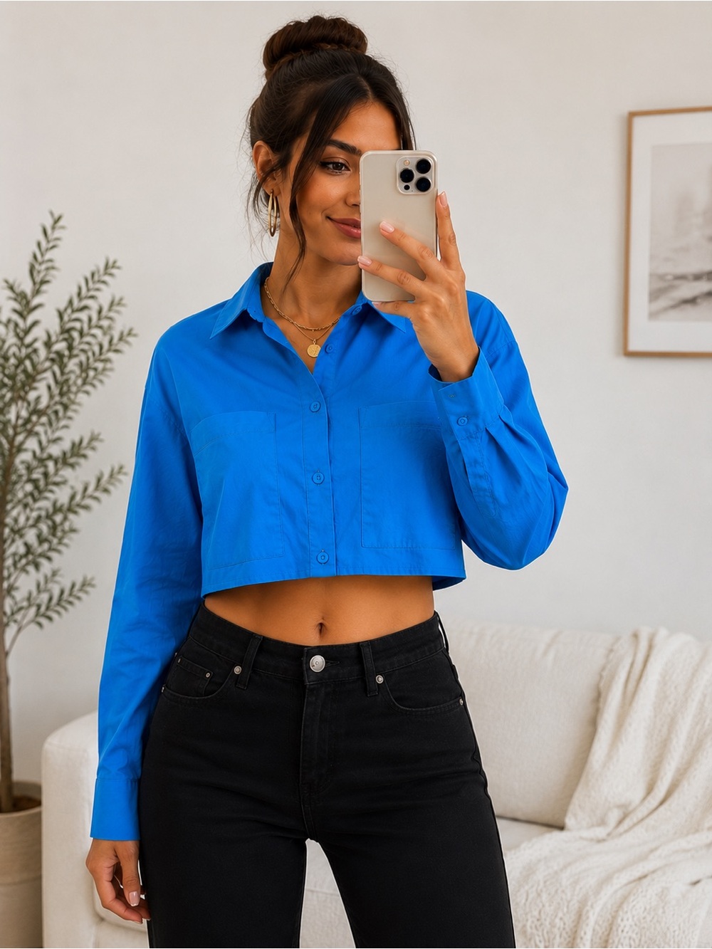 Forever 21 Bright Blue Oversized Button Down Shirt Large